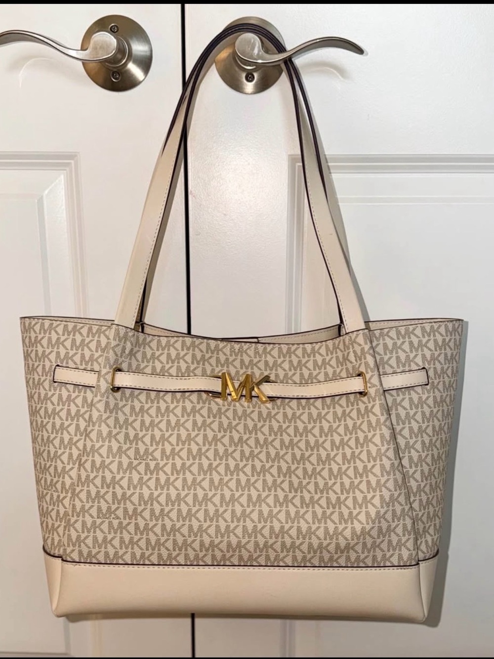 Michael Kors Cream Beige MK Logo Tote with Gold Hardware